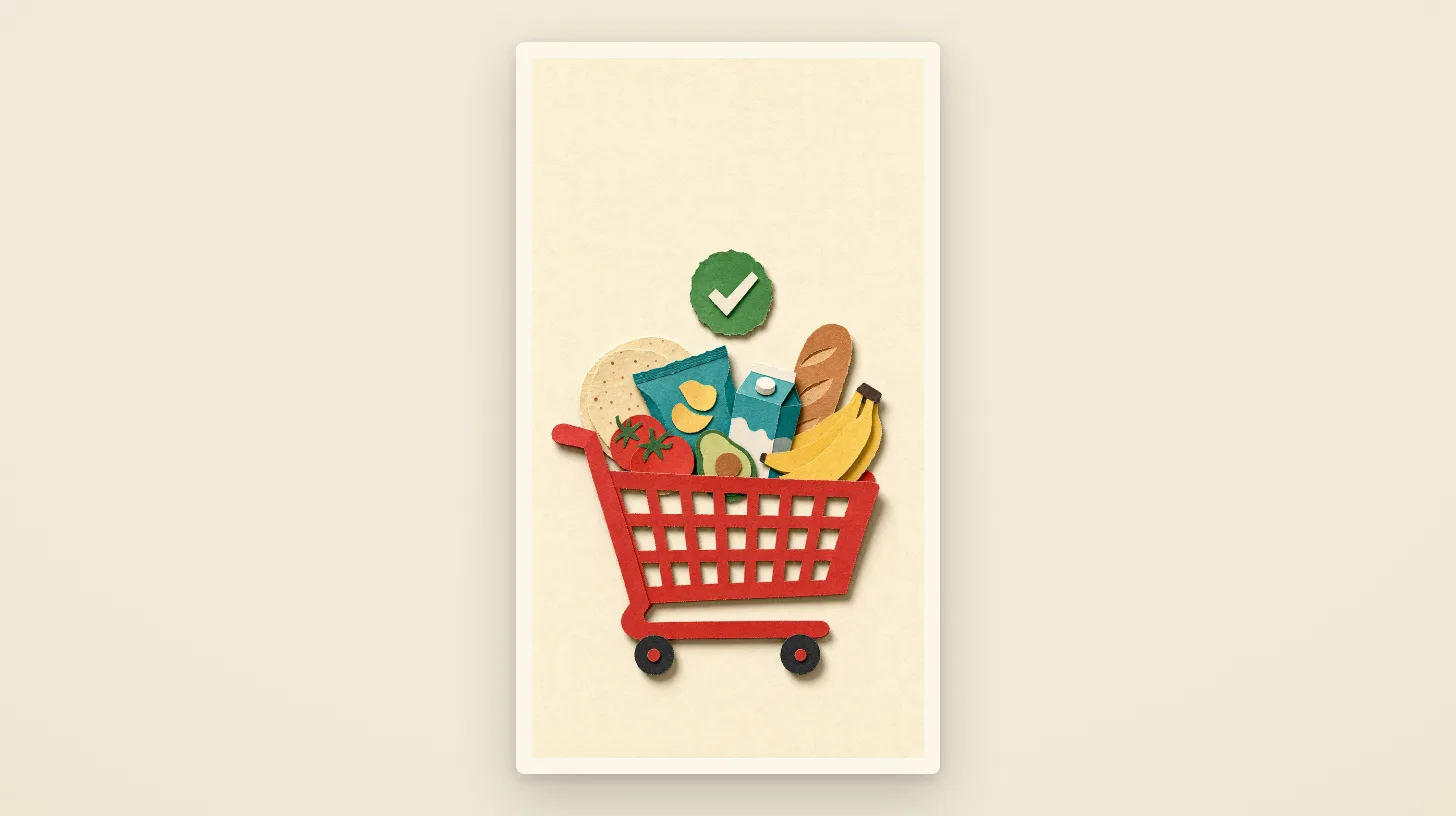 The red paper cart full of groceries under a green checkmark