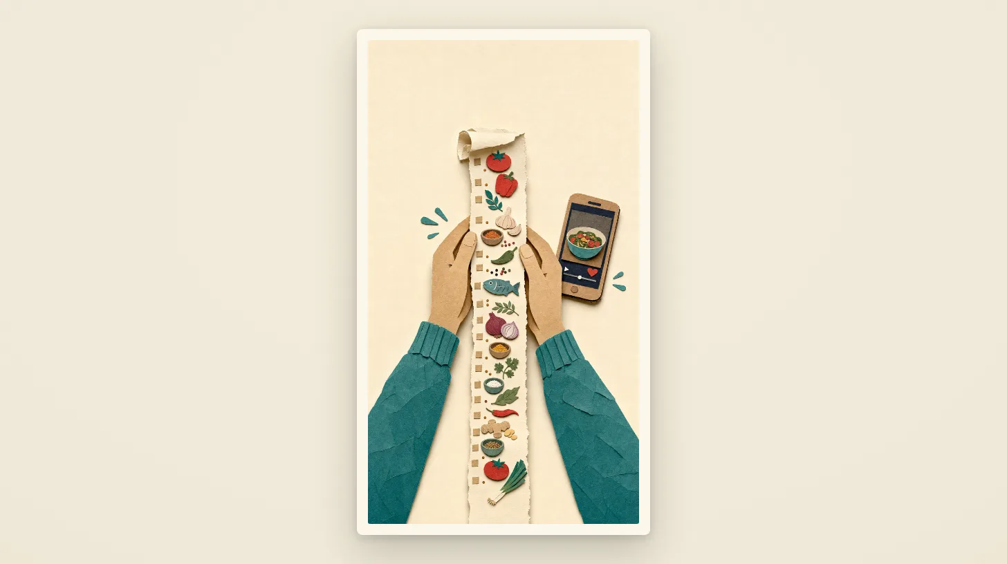 Two paper hands unrolling an endless ingredient scroll