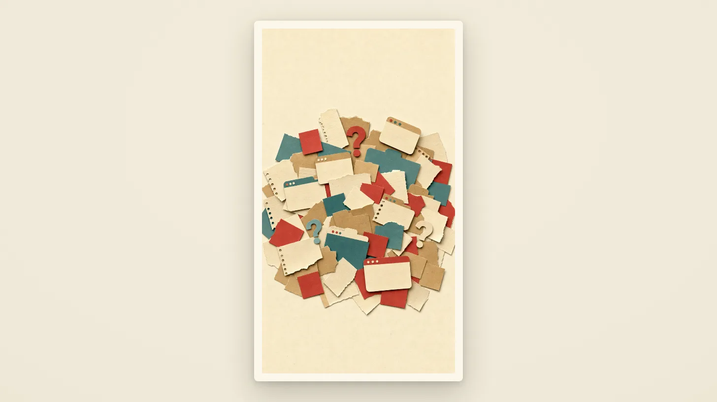 A chaotic pile of paper scraps, browser windows, and sticky notes