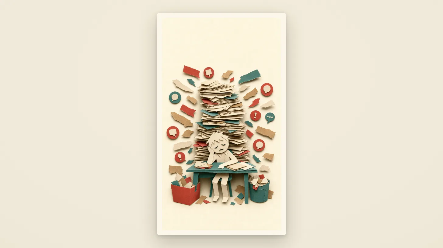 A paper figure buried under a towering pile of news