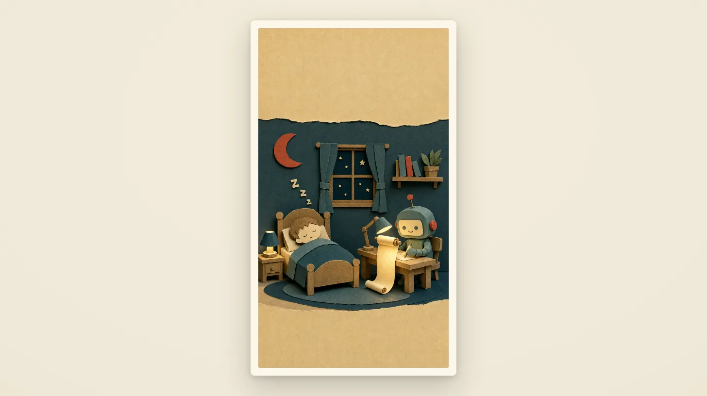 The paper robot working at a lamplit desk while the town sleeps