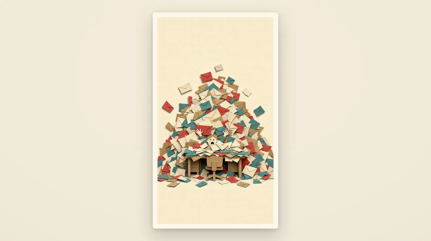 A mountain of paper envelopes burying a desk