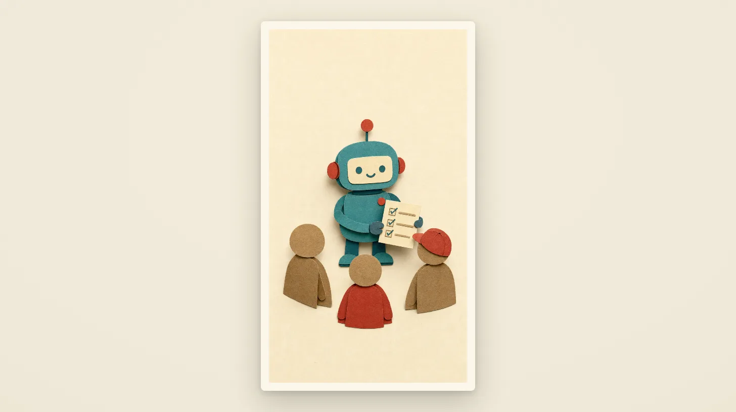 The paper robot holding up a checklist to three teammates