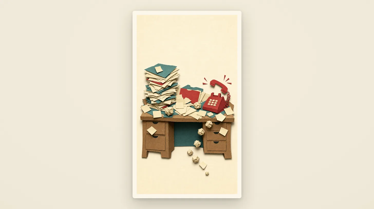 A cardboard desk buried under toppling stacks of paper