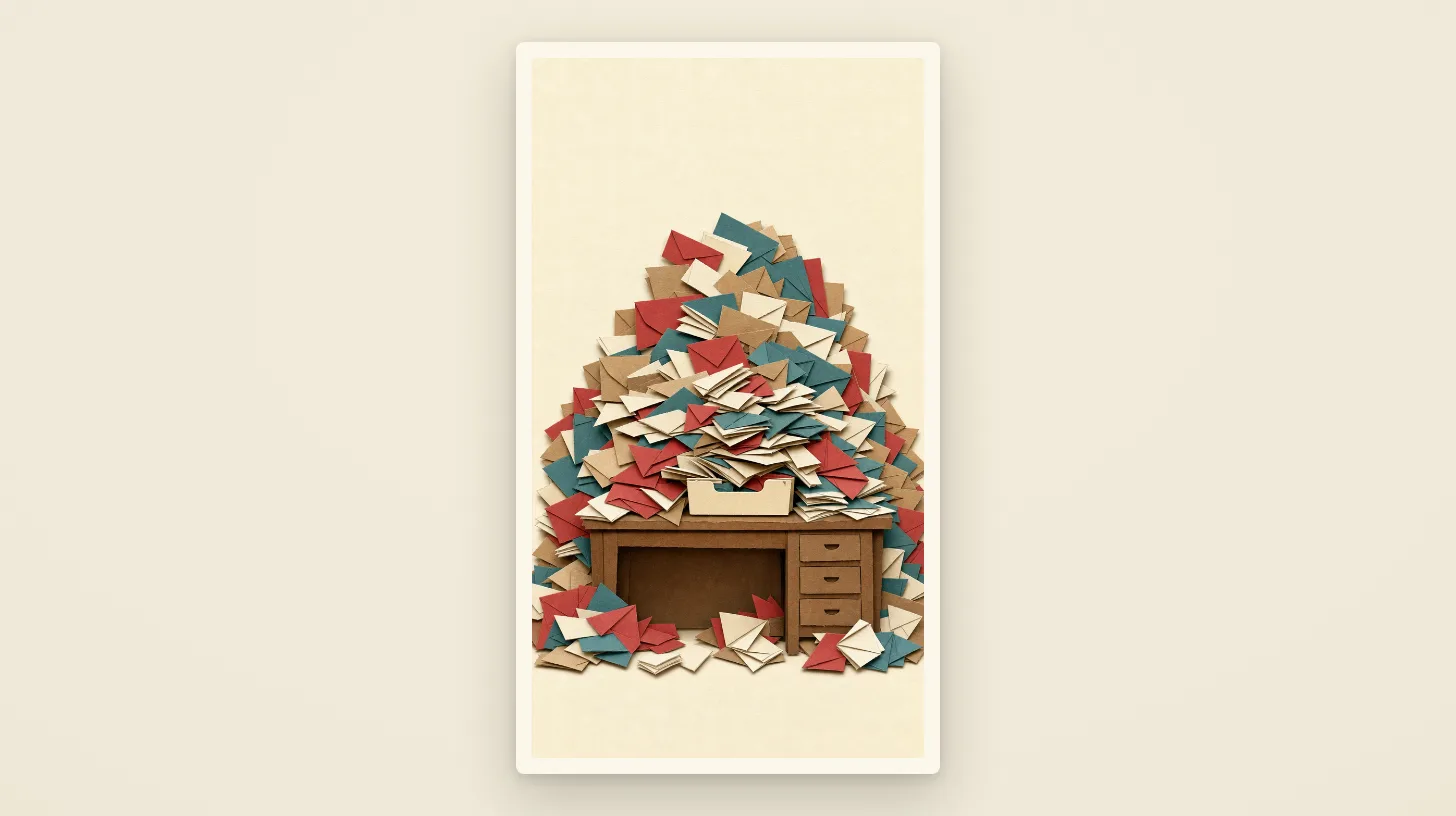 An inbox tray buried under a mountain of paper envelopes