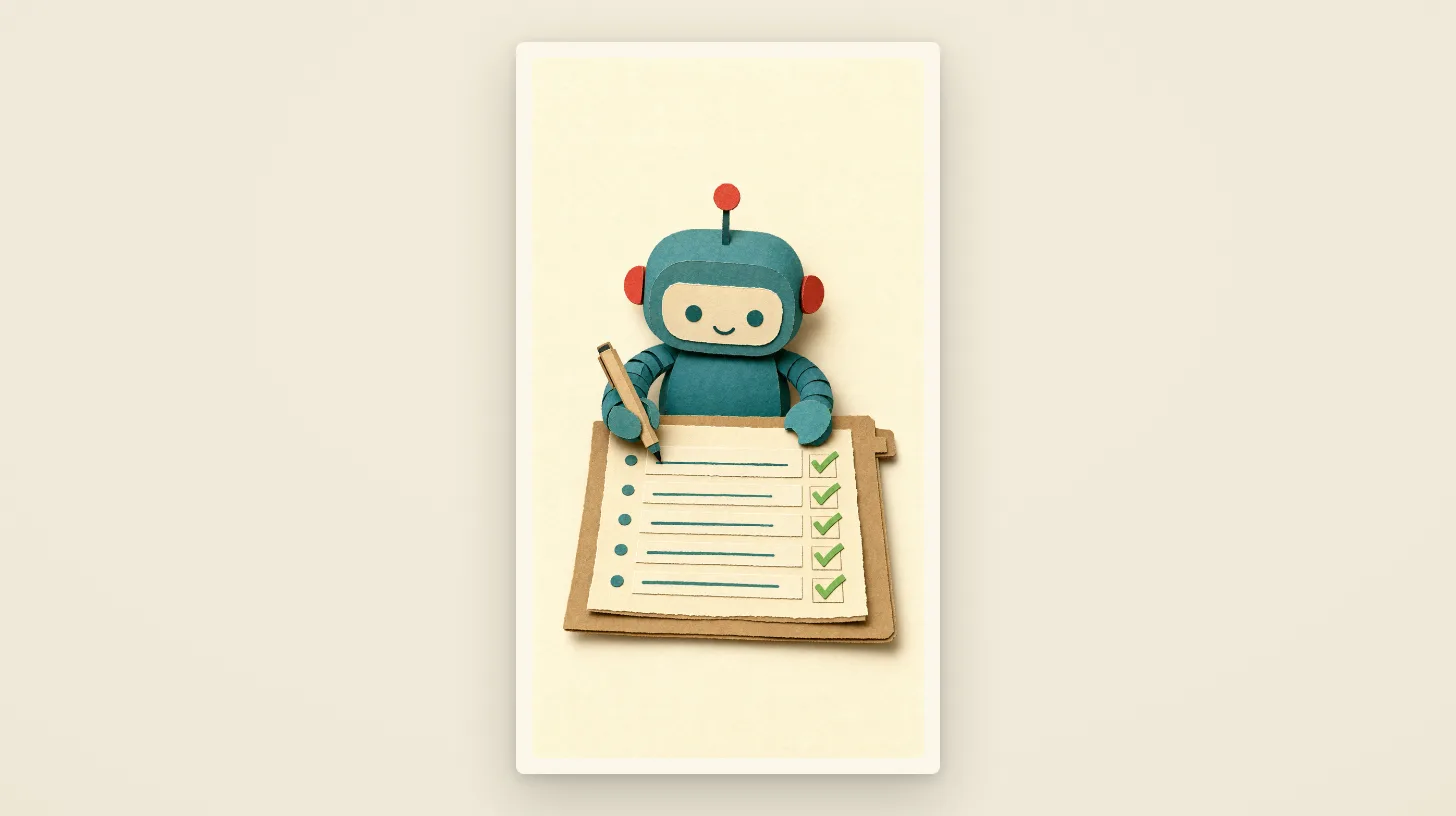 The paper robot filling a clipboard form, checkmarks down the side
