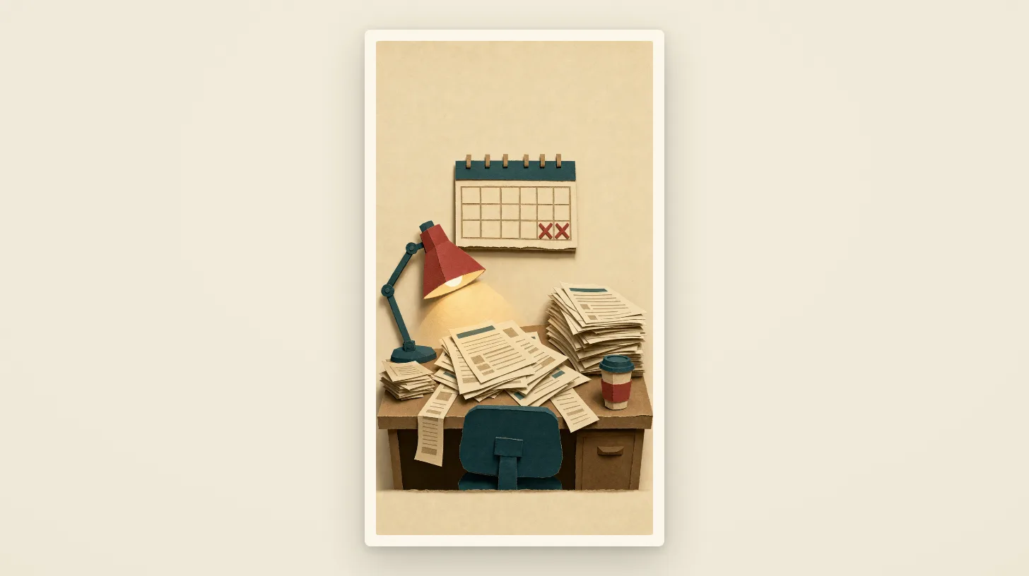 A late-night paper desk scene with two red X's over the weekend on the calendar