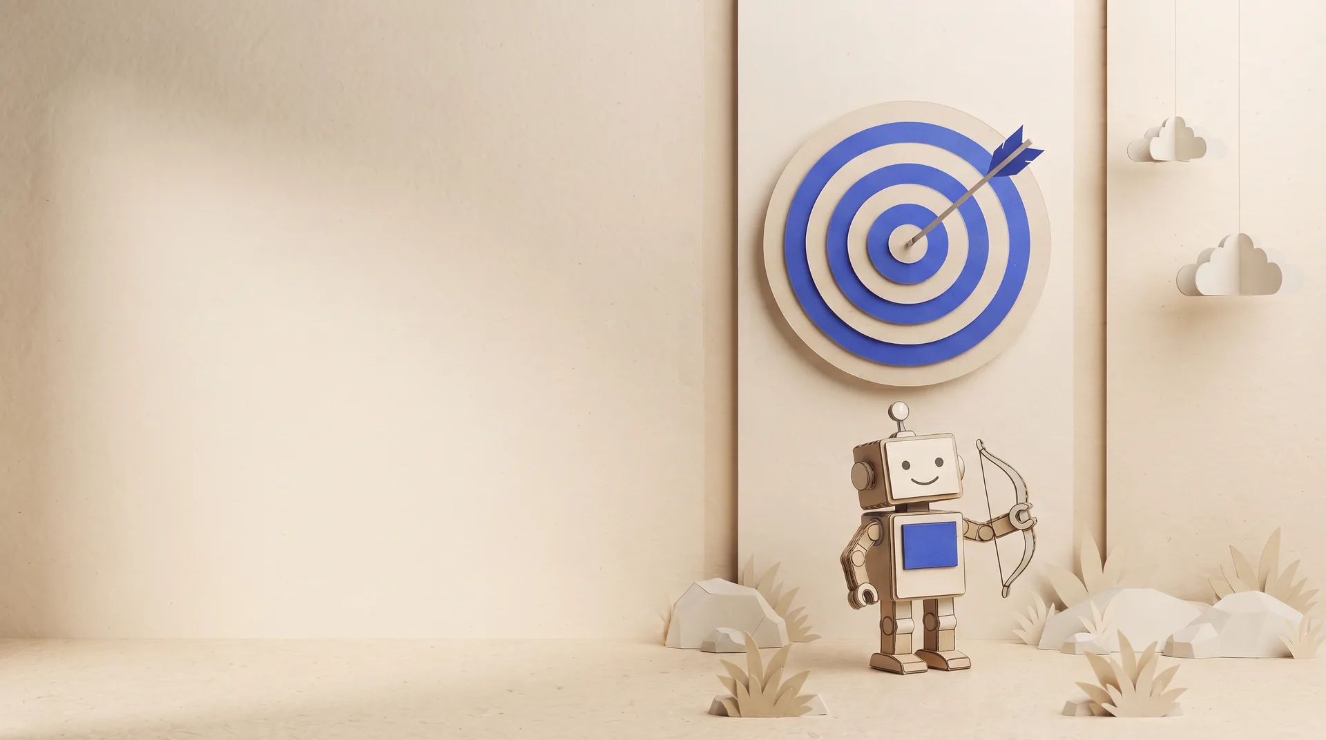 A small paper-cutout robot holding a bow, smiling at a cobalt archery target with one arrow in the bullseye.